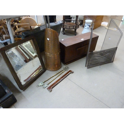 287 - A small cabinet, a copper coal hod, a spark guard, etc.