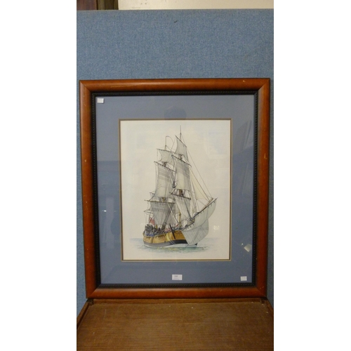 318 - E. Legard, galleon at sea, watercolour, framed