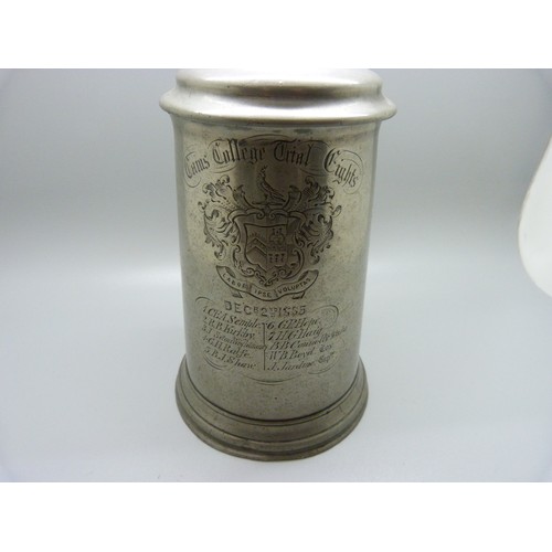 803 - A Victorian pewter tankard with inscription dated Dec. 2nd 1865, Caius College Trial Eights rowing s... 