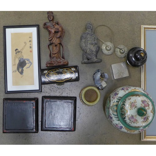 1028 - A box of oriental items, jar and cover, terracotta soldier, a plate on copper square box decorated w... 