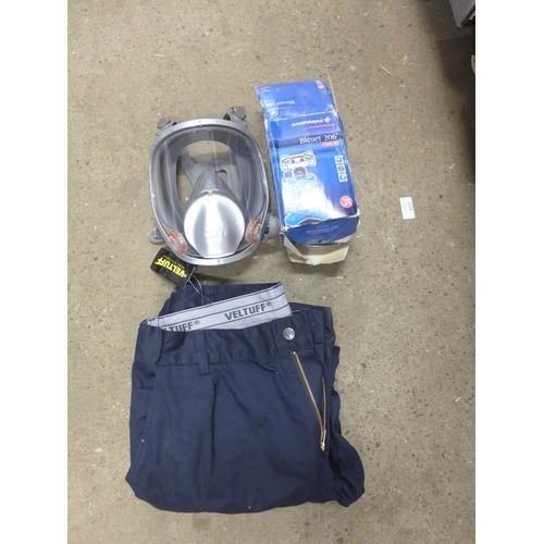 2097 - Work trousers, 3M mask, electric radiator, camping stove, Bench coat etc