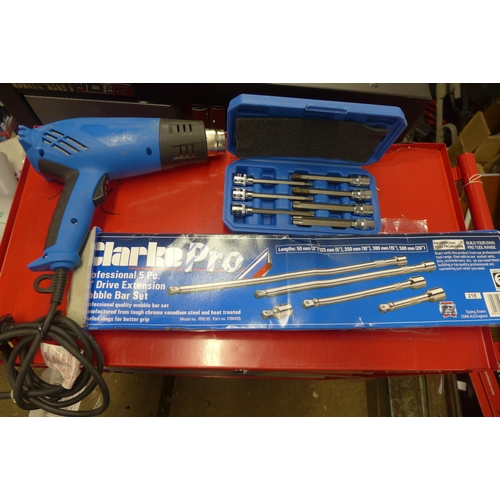 2136 - Box of miscellaneous Clarke handtools, curline hose, battery charger *This item is subject to VAT - ... 