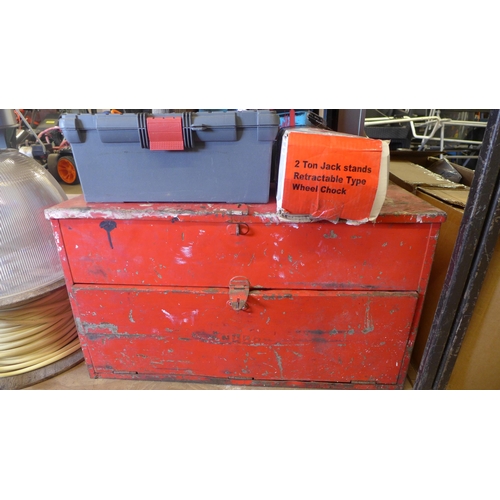 2174 - Red metal toolbox, boxed pair of 2-ton jack stands and plastic electrician's tool box