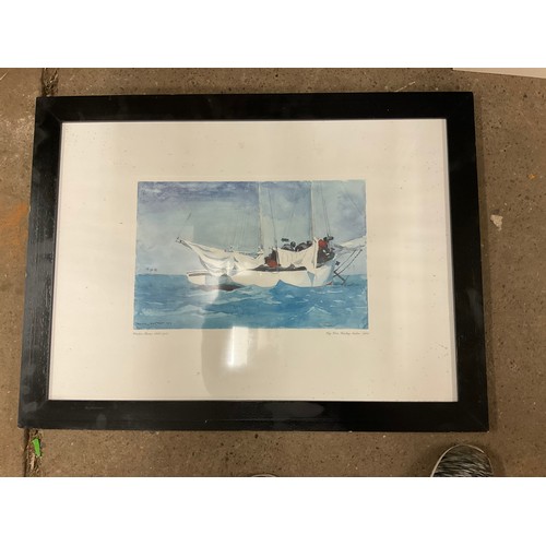 2155 - Framed 60x40 sailing print, boxed bedside table and a large trolley suitcase