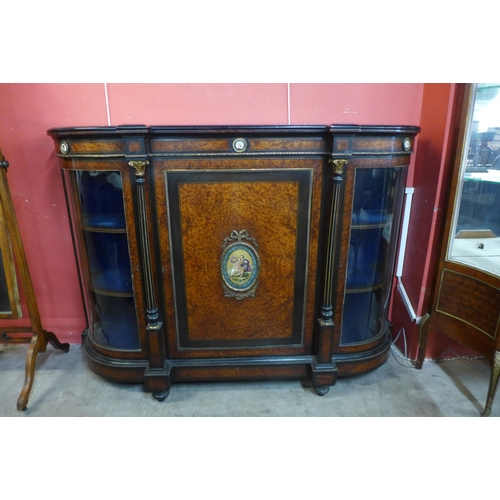 93 - A Victorian amboyna, ebonised and gilt metal mounted credenza, with Sevres style painted porcelain p... 