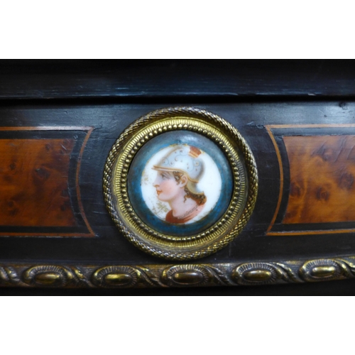 93 - A Victorian amboyna, ebonised and gilt metal mounted credenza, with Sevres style painted porcelain p... 