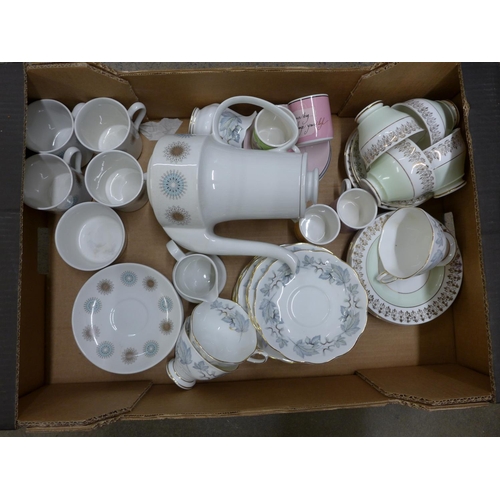 1121 - A box of tea wares, Royal Albert Silver Maple, Imperial bone china, Myott Constellation, and Rosanna... 