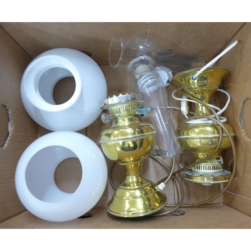 1133 - Two brass oil lamps and shades, one converted to electric **PLEASE NOTE THIS LOT IS NOT ELIGIBLE FOR... 