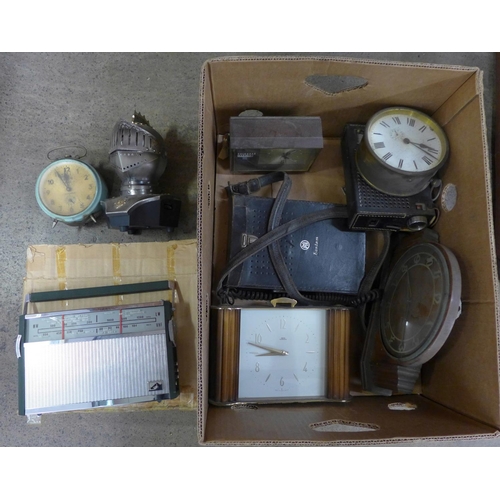 1140 - A Knight helmet shaped transistor radio, boxed, a Pye Bantam receiver, Sony radio and other clocks i... 