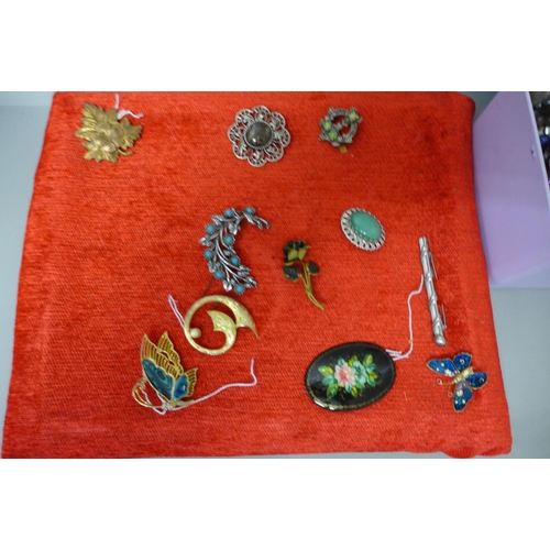 666 - Eleven costume brooches and a tin of costume jewellery