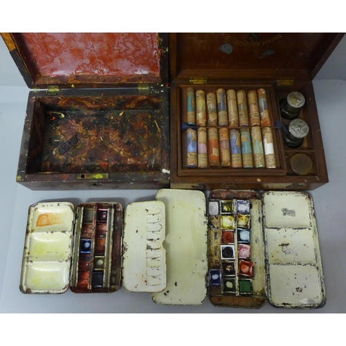 670 - A 19th Century Reeves & Sons paint set, another box and two small painting set tins and watercolour ... 