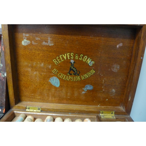 670 - A 19th Century Reeves & Sons paint set, another box and two small painting set tins and watercolour ... 