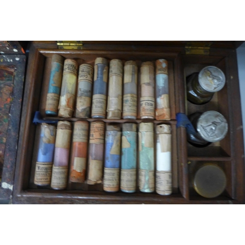 670 - A 19th Century Reeves & Sons paint set, another box and two small painting set tins and watercolour ... 