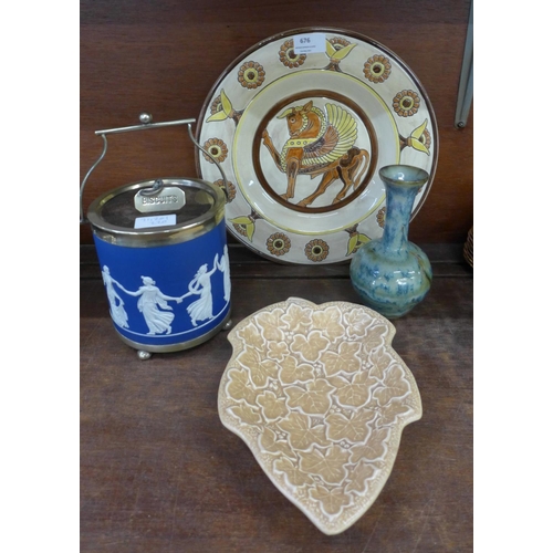 676 - An Adams style biscuit barrel with plated top, a Sylvac leaf dish, a studio pottery vase, and a Sylv... 