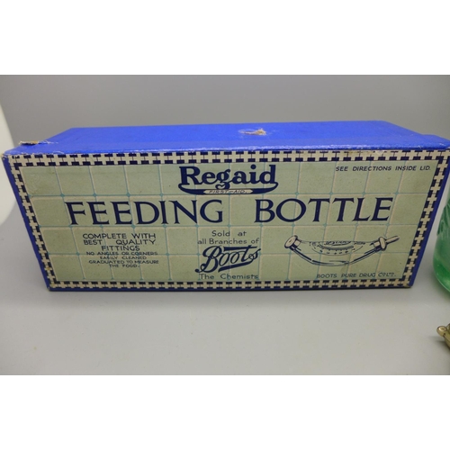 697 - A Regaid Boots Feeding Bottle, a Ford & Parr, Nottingham, lemonade bottle and a Teddy bear feeding s... 