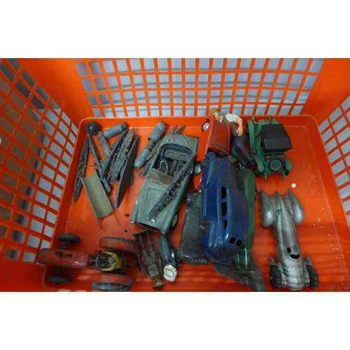 698 - A box of die-cast model cars and ships, including early Dinky Toys and a box of assorted items inclu... 