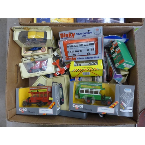 720 - Two boxes of die-cast model vehicles and aircraft, including four Corgi aircraft, model buses and ot... 