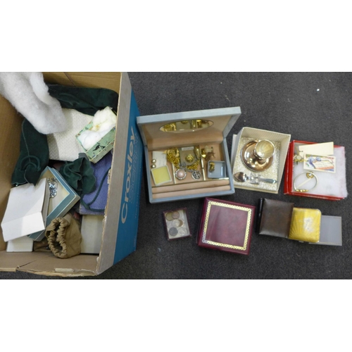 727 - A box of costume jewellery, two autograph books, two christening sets, compact, etc.