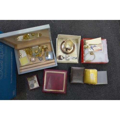 727 - A box of costume jewellery, two autograph books, two christening sets, compact, etc.