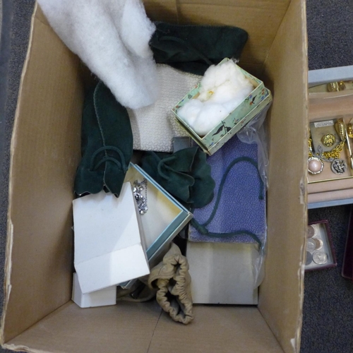 727 - A box of costume jewellery, two autograph books, two christening sets, compact, etc.