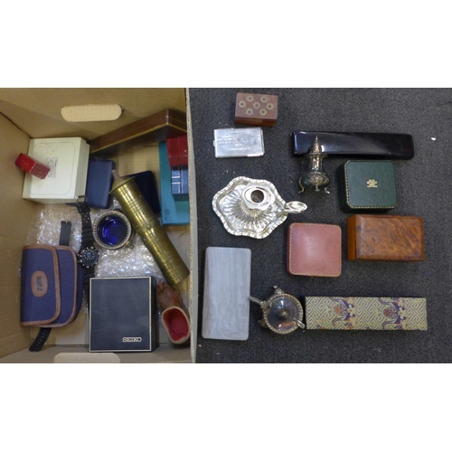 731 - Two silver plated salts, watch boxes, wristwatches, wooden boxes, etc.