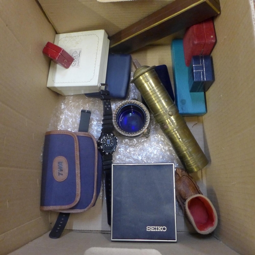 731 - Two silver plated salts, watch boxes, wristwatches, wooden boxes, etc.