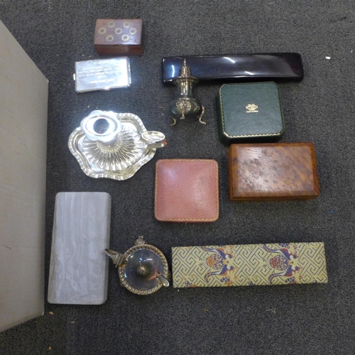 731 - Two silver plated salts, watch boxes, wristwatches, wooden boxes, etc.