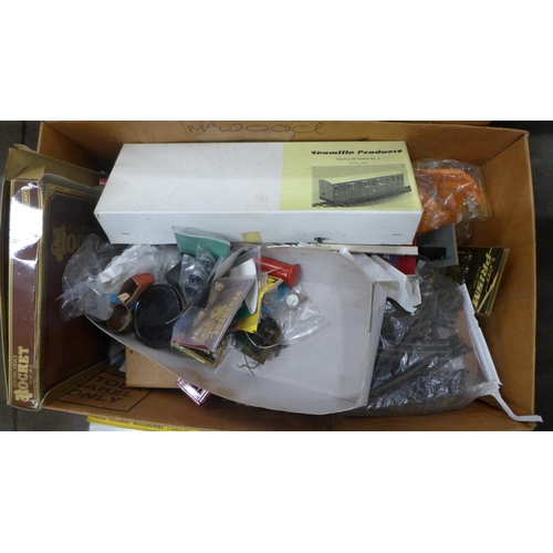 773 - Two boxes of garden model rail buildings, accessories and other model rail kits, etc.