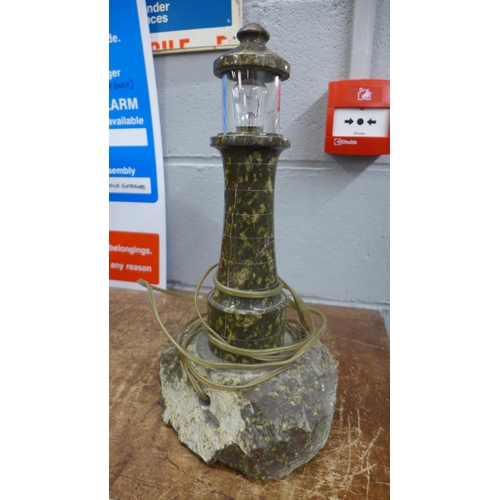 797 - A Cornish Serpentine lighthouse lamp, top a/f