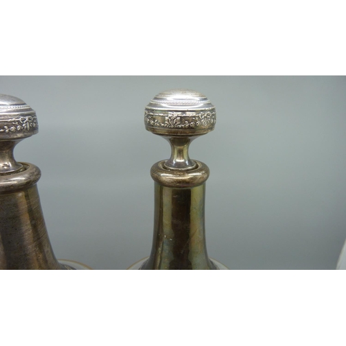 829 - A pair of French silver mounted glass bottles, 25.5cm, (glass inside the neck a/f)