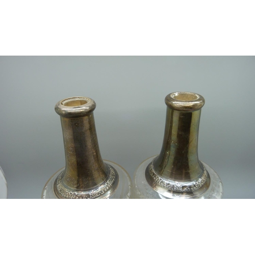 829 - A pair of French silver mounted glass bottles, 25.5cm, (glass inside the neck a/f)