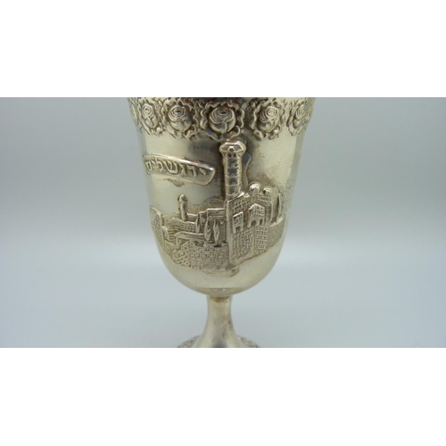 835 - A white metal Kiddush cup, marked Jerusalem in Hebrew, with control marks, 65g, 132mm