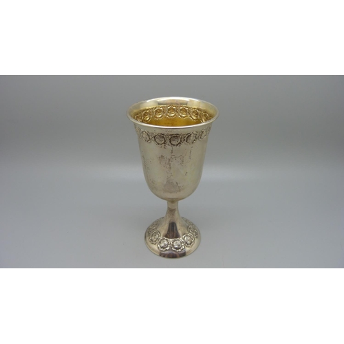 835 - A white metal Kiddush cup, marked Jerusalem in Hebrew, with control marks, 65g, 132mm