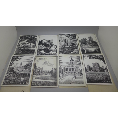 842 - A collection of eight scraperboard pictures of Nottingham landmarks, circa 1950's, including St. Mar... 