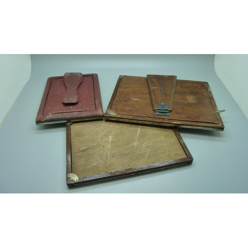 847 - Three silver photograph frames, largest 17cm x 22cm, (middle size lacking back stand)