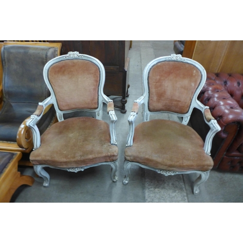 137 - A pair of French cream and fabric upholstered fauteuil armchairs