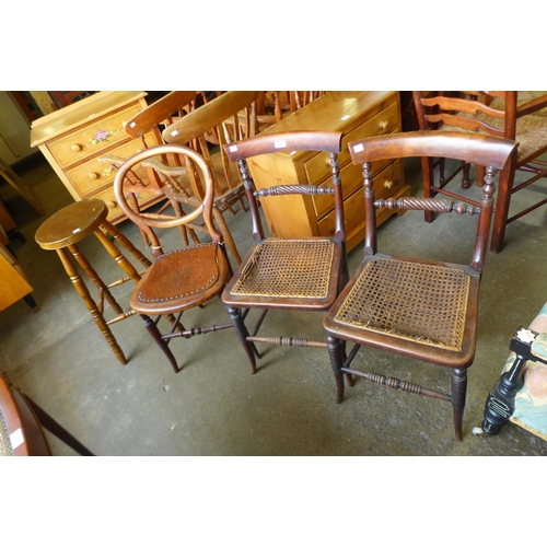 151 - A pair of Regency mahogany chairs, a Victorian beech chair and a kitchen stool