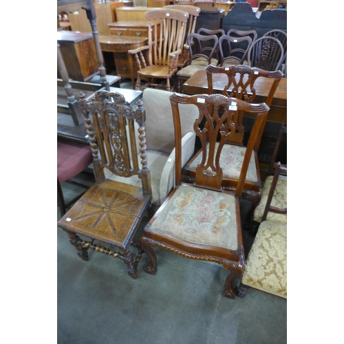 195 - A pair of Chippendale Revival carved mahogany chairs, a 19th Century French carved oak chair and an ... 