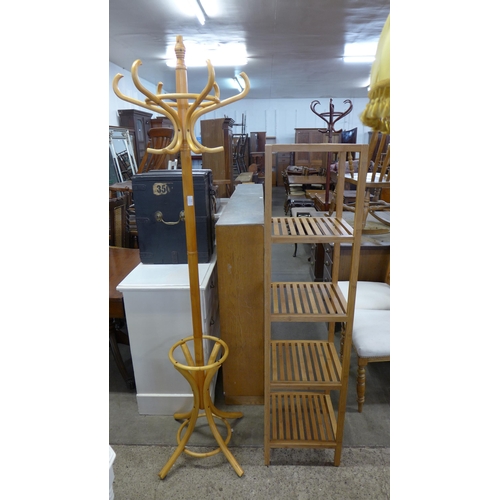 216 - A beech bentwood coatstand and an oak five tier whatnot