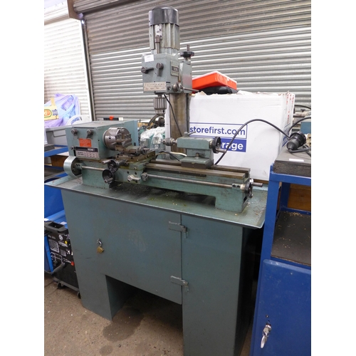 2083 - Myford/Emcomat 7 lathe machine on enamelled stand with pillar drill attachment, instructions