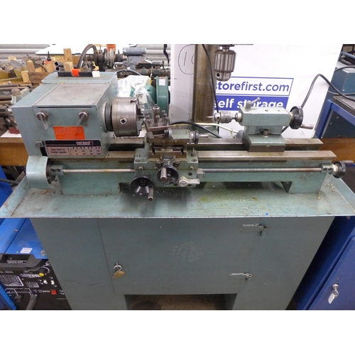 2083 - Myford/Emcomat 7 lathe machine on enamelled stand with pillar drill attachment, instructions