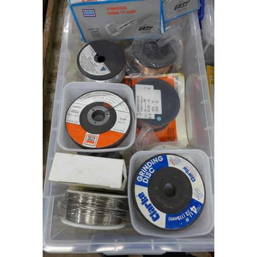 2089 - 3 Plastic tubs of welding items, spanners, Goodyear socket set, gauge, etc.