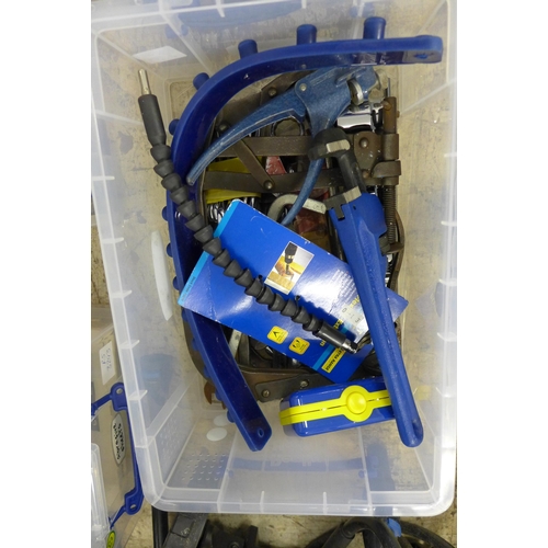 2089 - 3 Plastic tubs of welding items, spanners, Goodyear socket set, gauge, etc.