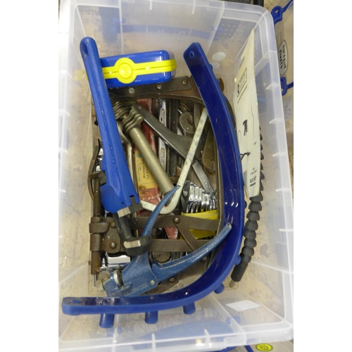 2089 - 3 Plastic tubs of welding items, spanners, Goodyear socket set, gauge, etc.