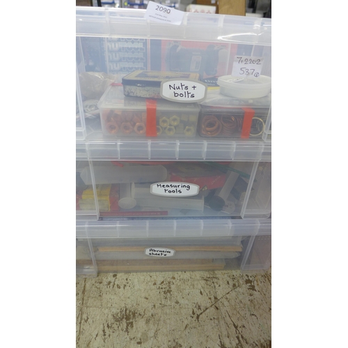 2090 - 3 Boxes of misc. inc. nuts & bolts, measuring tools & abrasive sheets