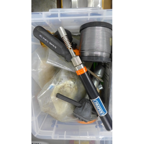 2091 - 3 Plastic tubs of spanners, magnetic clamps & bench tools