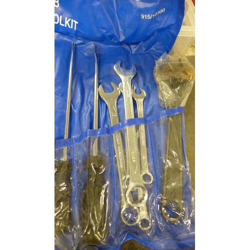 2091 - 3 Plastic tubs of spanners, magnetic clamps & bench tools