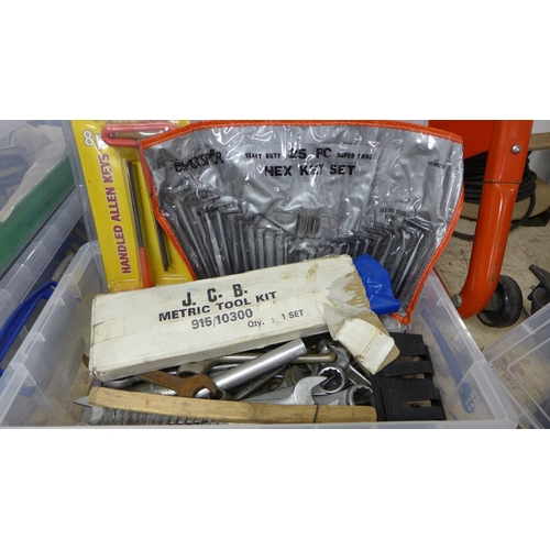 2091 - 3 Plastic tubs of spanners, magnetic clamps & bench tools