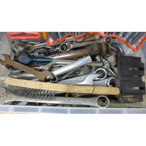 2091 - 3 Plastic tubs of spanners, magnetic clamps & bench tools