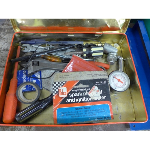 2099 - 7 Various metal tool holders with a qty of hand tools and a Draper magnetic organiser